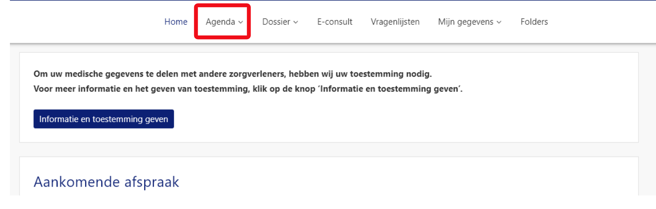 knop agenda staat boven in het scherm
