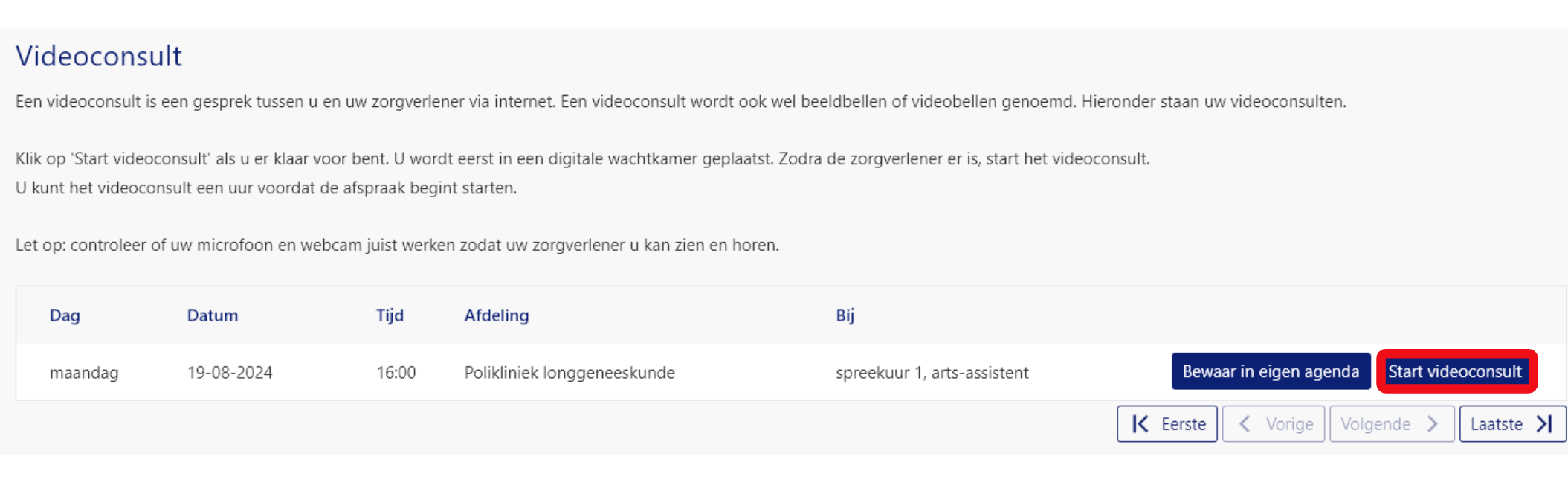 klik op start videoconsult know rechts naast de afspraak